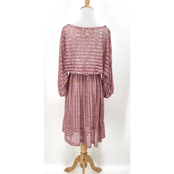 Vintage 80s Dress Womens Small Pink Sheer Striped 3/4 Sleeve Midi Tiny Floral - Picture 2 of 16
